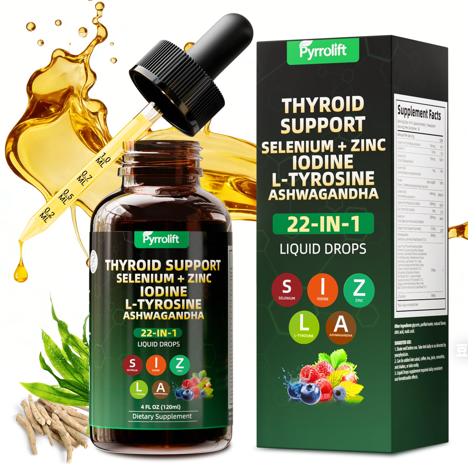 Thyroid Support for Women & Men with Iodine, Selenium, L-Tyrosine, Vitamin B, Zinc, Ashwagandha, Turmeric, Natural Herbal Supports Body Immune & Thyroid Balance Supplement Liquid Drops, 120 ML