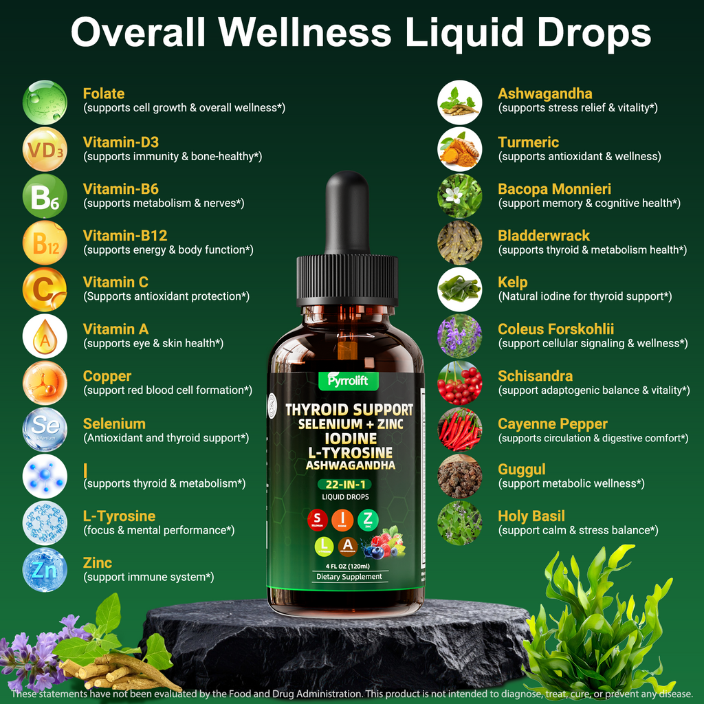 Thyroid Support for Women & Men with Iodine, Selenium, L-Tyrosine, Vitamin B, Zinc, Ashwagandha, Turmeric, Natural Herbal Supports Body Immune & Thyroid Balance Supplement Liquid Drops, 120 ML