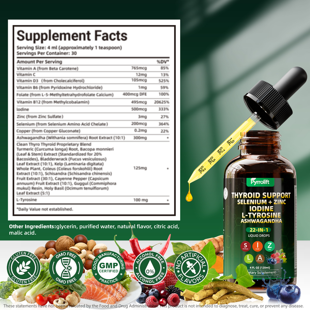 Thyroid Support for Women & Men with Iodine, Selenium, L-Tyrosine, Vitamin B, Zinc, Ashwagandha, Turmeric, Natural Herbal Supports Body Immune & Thyroid Balance Supplement Liquid Drops, 120 ML