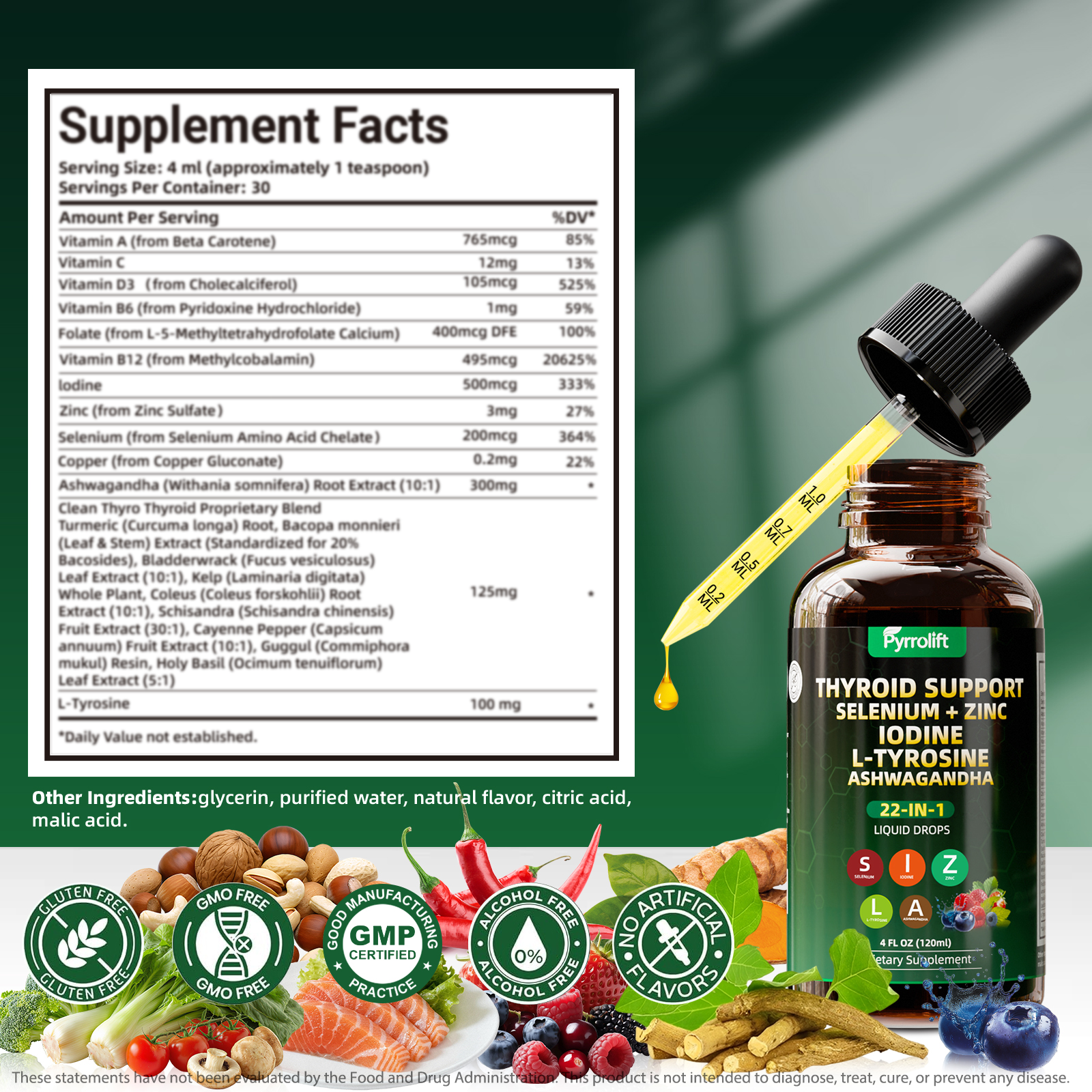 Thyroid Support for Women & Men with Iodine, Selenium, L-Tyrosine, Vitamin B, Zinc, Ashwagandha, Turmeric, Natural Herbal Supports Body Immune & Thyroid Balance Supplement Liquid Drops, 120 ML