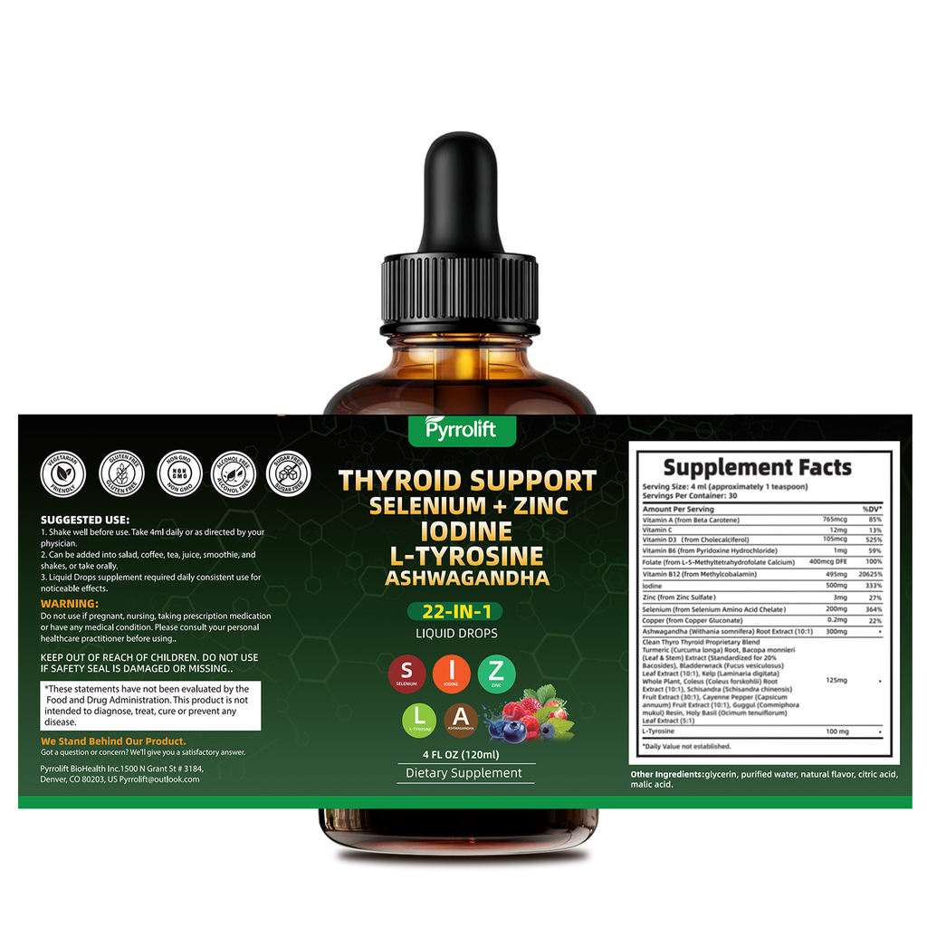 Thyroid Support for Women & Men with Iodine, Selenium, L-Tyrosine, Vitamin B, Zinc, Ashwagandha, Turmeric, Natural Herbal Supports Body Immune & Thyroid Balance Supplement Liquid Drops, 120 ML