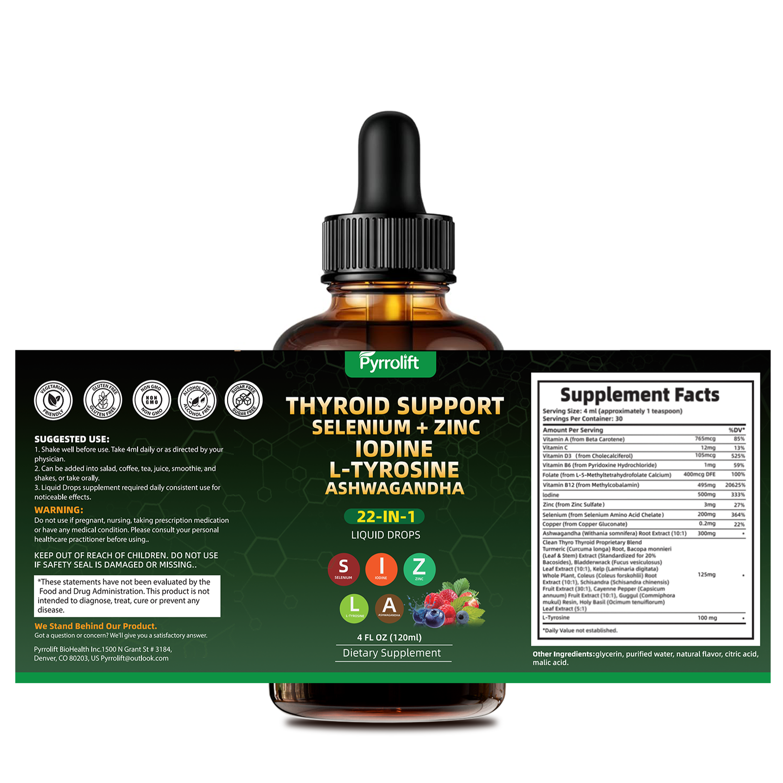 Thyroid Support for Women & Men with Iodine, Selenium, L-Tyrosine, Vitamin B, Zinc, Ashwagandha, Turmeric, Natural Herbal Supports Body Immune & Thyroid Balance Supplement Liquid Drops, 120 ML